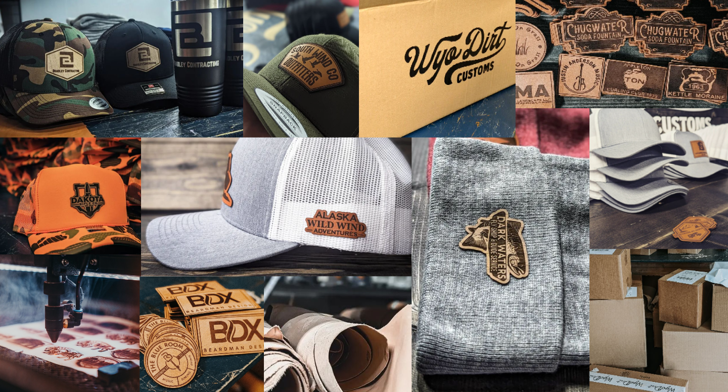 Wyo Dirt Custom Leather Wood Patch Hats, Beanies and Tumblers